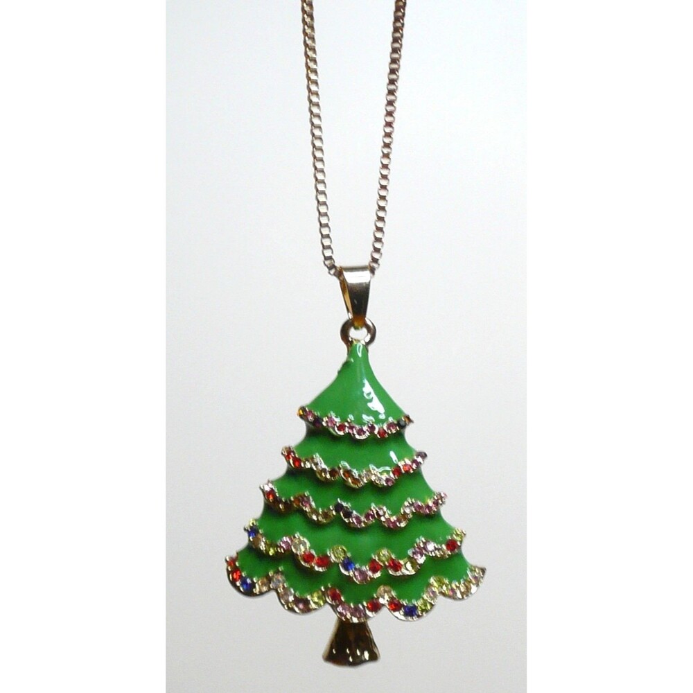 Betsey Johnson Gold Green Enamel & Crystal Christmas Tree Pendant Necklace 28"